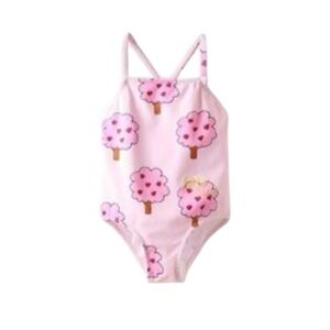Zara Girl One Piece Swimsuit Pink Tree Hearts Print 2-3 Toddler